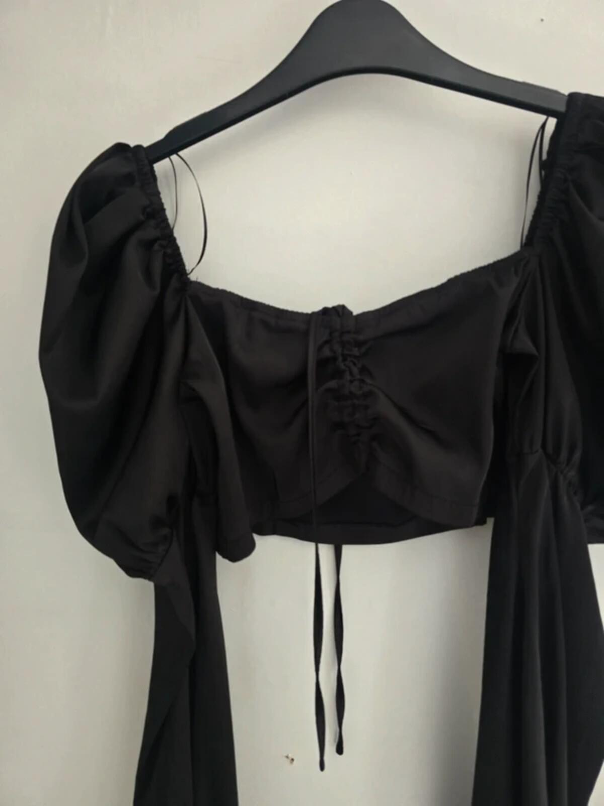 Boohoo Black Satin Style Cropped Puff Sleeve Top - Size 8
