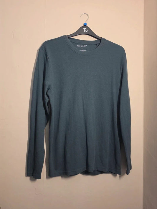 Primark Men's Dark Green Long Sleeve Ribbed T-Shirt Size L