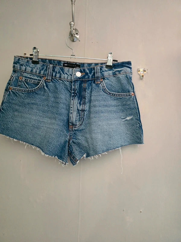ASOS Blue Denim Mini Hotpants Shorts with Frayed Hem Size 6 Petite