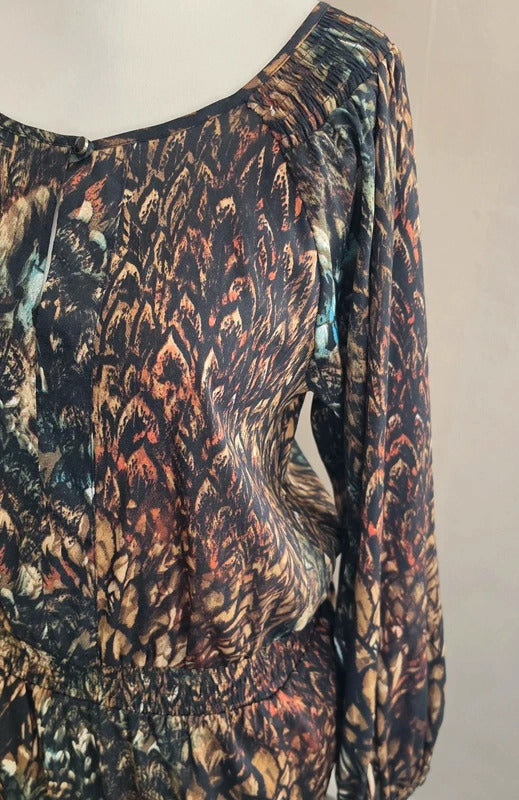 Laura Ashley Black, Brown & Blue Feather Patterned KneeLength Dress Size 14