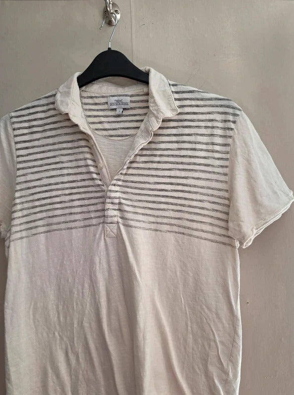 Next Men’s Cream & Grey Striped Short Sleeved Polo Shirt Size Medium