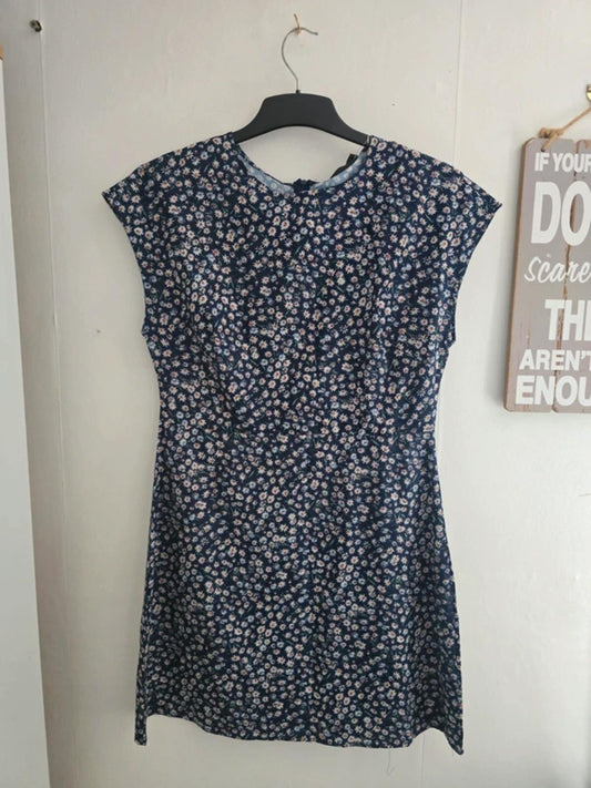 Shein Women's Navy Ditsy Floral Cap Sleeve Knee-Length Dress Size Euro L Size 14-16