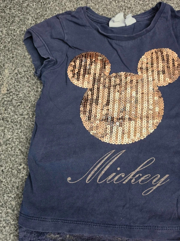 Primark Disney Girls Navy Blue Gold Sequin Mickey Mouse T-Shirt Lace Hem Age 3-4 Years