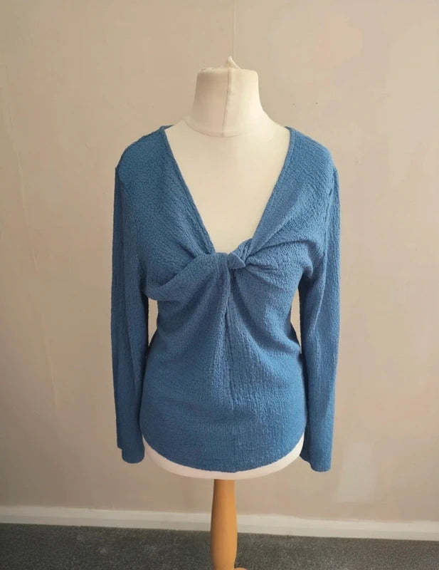 Nutmeg Blue Textured Knot-Front Long-Sleeved Top Size 18