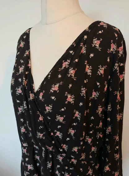 ASOS Black Pink Floral V-Neck Long Sleeve Midi Dress Size 22