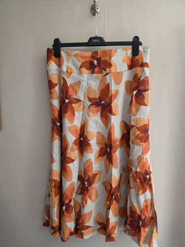 Kaliko Orange & Cream Floral 1Kaliko Orange & Cream Floral 100% Linen Lined Midi Skirt Size 1600% Linen Lined Midi Skirt Size 16