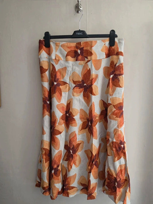 Kaliko Orange & Cream Floral 1Kaliko Orange & Cream Floral 100% Linen Lined Midi Skirt Size 1600% Linen Lined Midi Skirt Size 16
