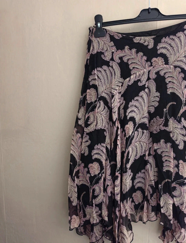 Coast 100% Silk Black & Grey Feather Print Asymmetrical Midi Skirt Size 10