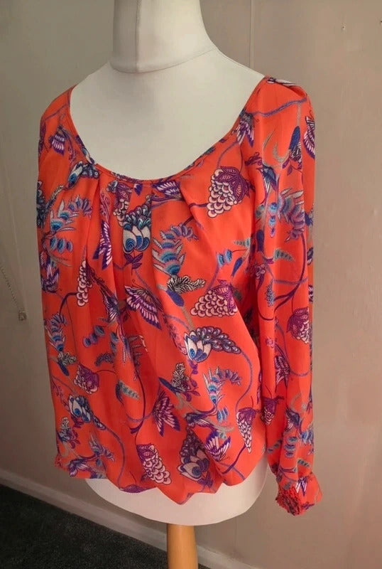 Wallis Petite Orange & Multicolour Butterfly Floral Sheer Blouse Med Size 12–14