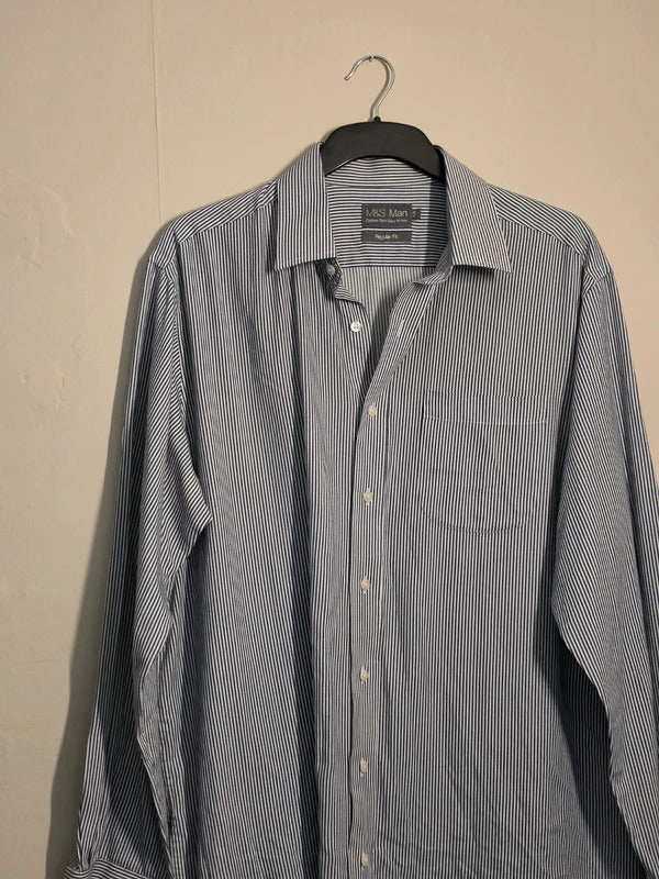 Marks & Spencer Mens Navy & White Striped Long Sleeve Shirt Regular Fit 17Collar