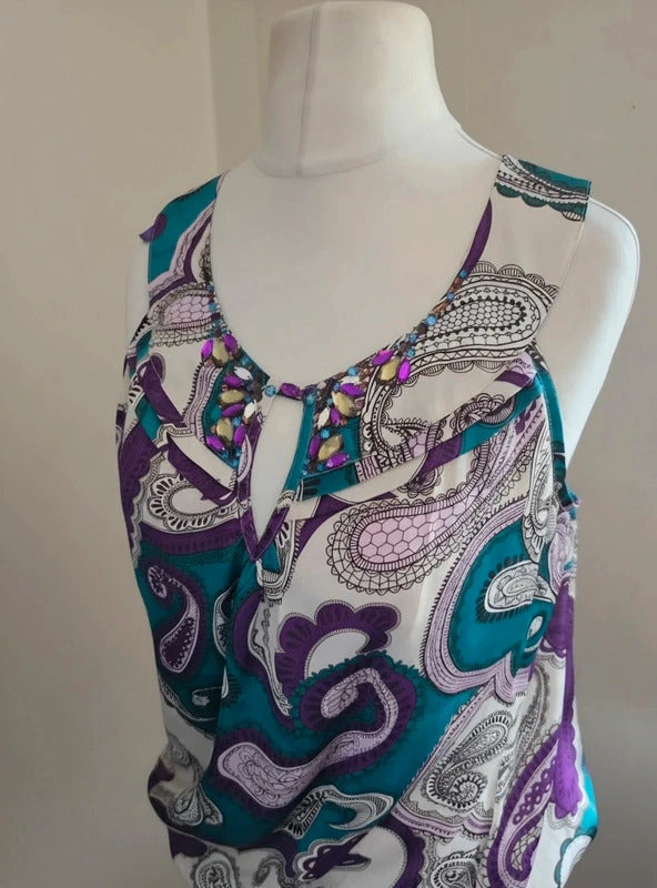 Wallis NWT Sleeveless Blouse Top  Size 10/12 Green Purple White Gem Embellished