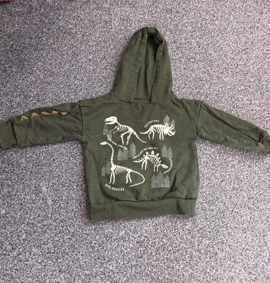 Primark Baby Boys Green Dinosaur Skeleton Hoodie 3D Spike Sleeve 9-12 Months