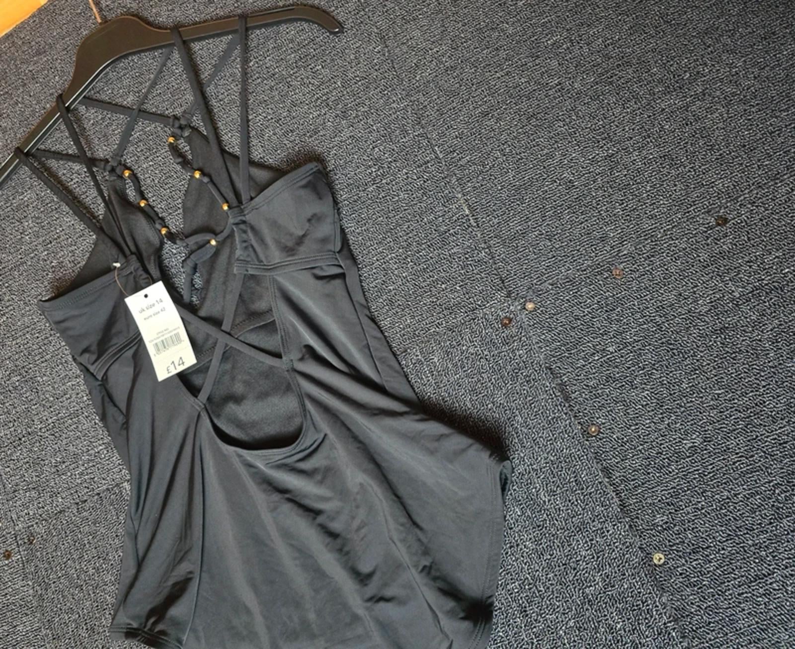 New George Black Beaded Cross Strap Swimsuit Size 14 NWT