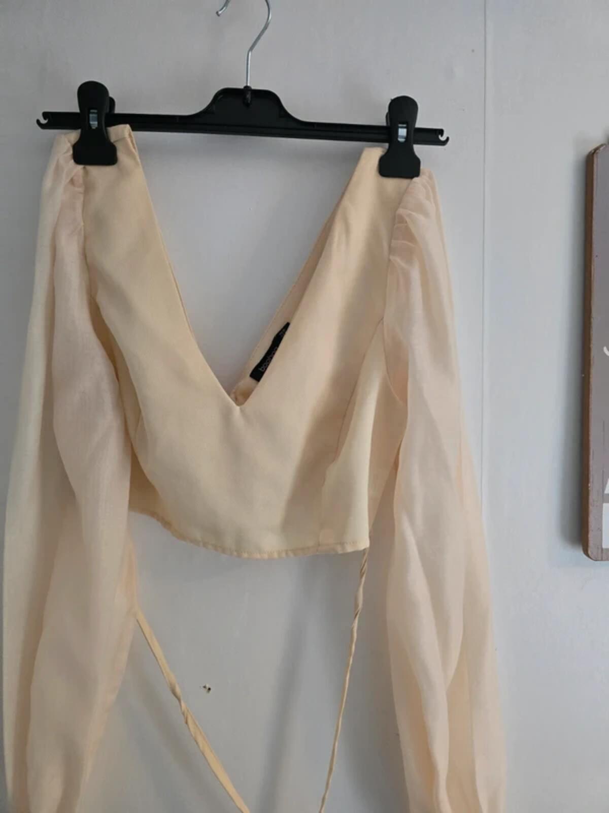 Boohoo Cream Long Sleeved Sheer Crop Top  - Size 8