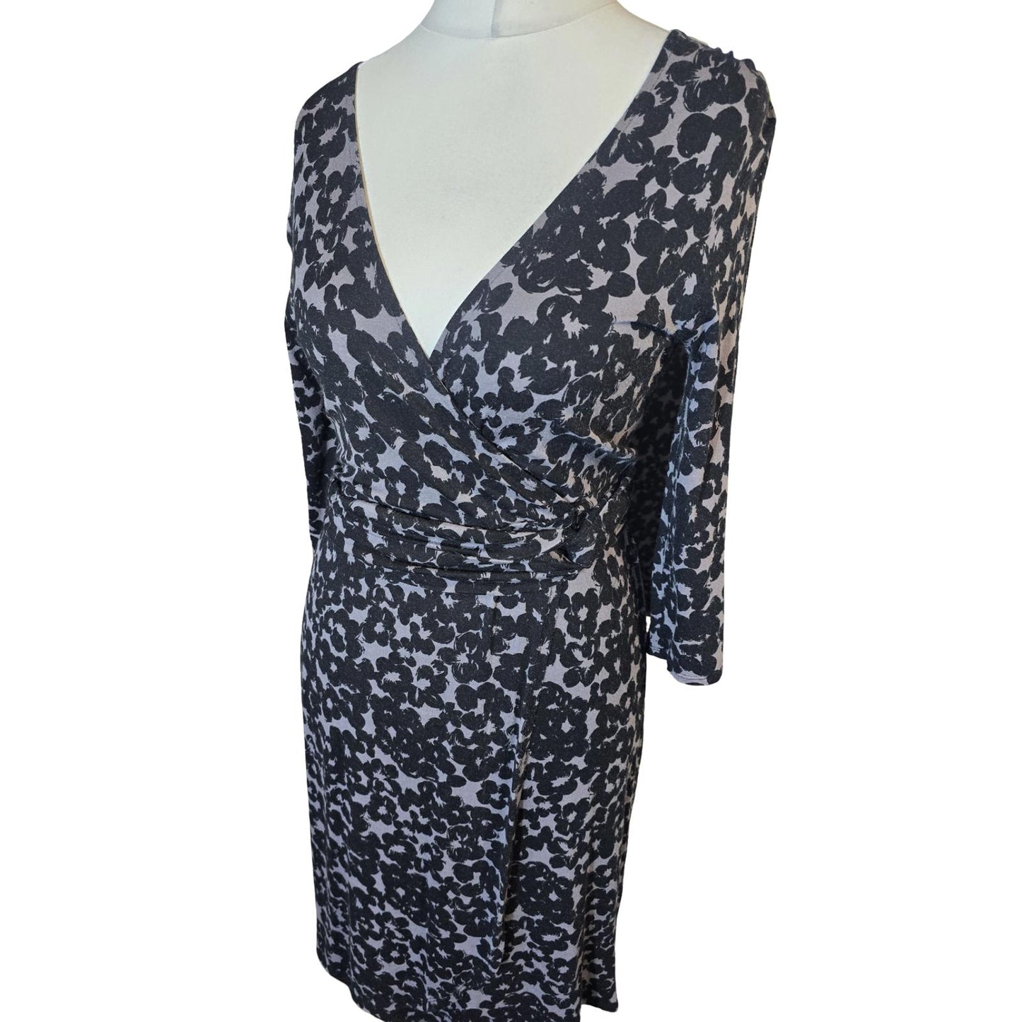 Monsoon Black/Grey Floral Wrap Bodycon Midi Dress – Size 12 – 3/4 Sleeve