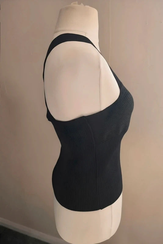 Primark The Edit Black Ribbed Cross Back Bodycon Top S Size 10-12