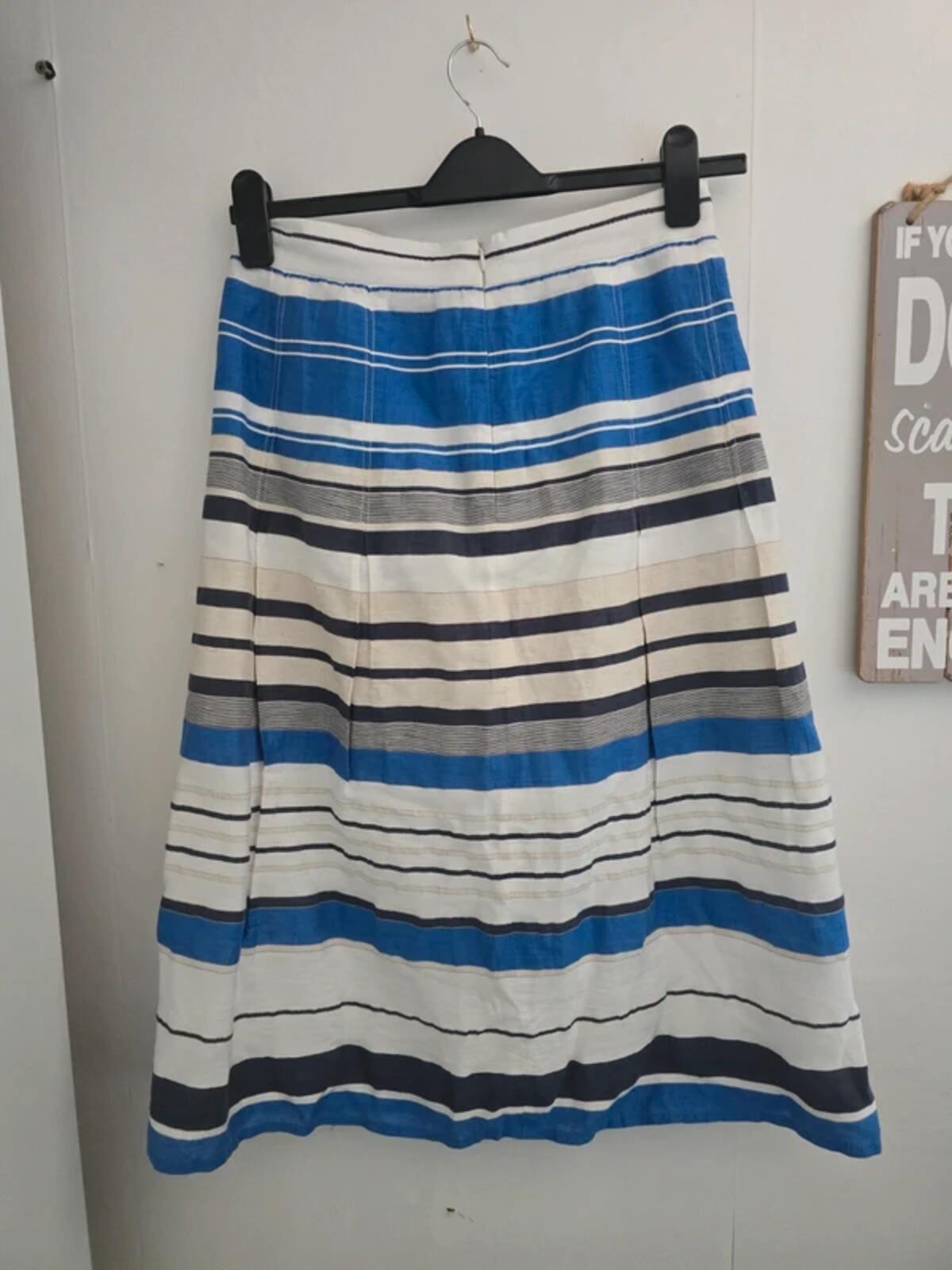 Country Casuals Navy Blue & White Striped Linen Blend Midi Skirt Size 10