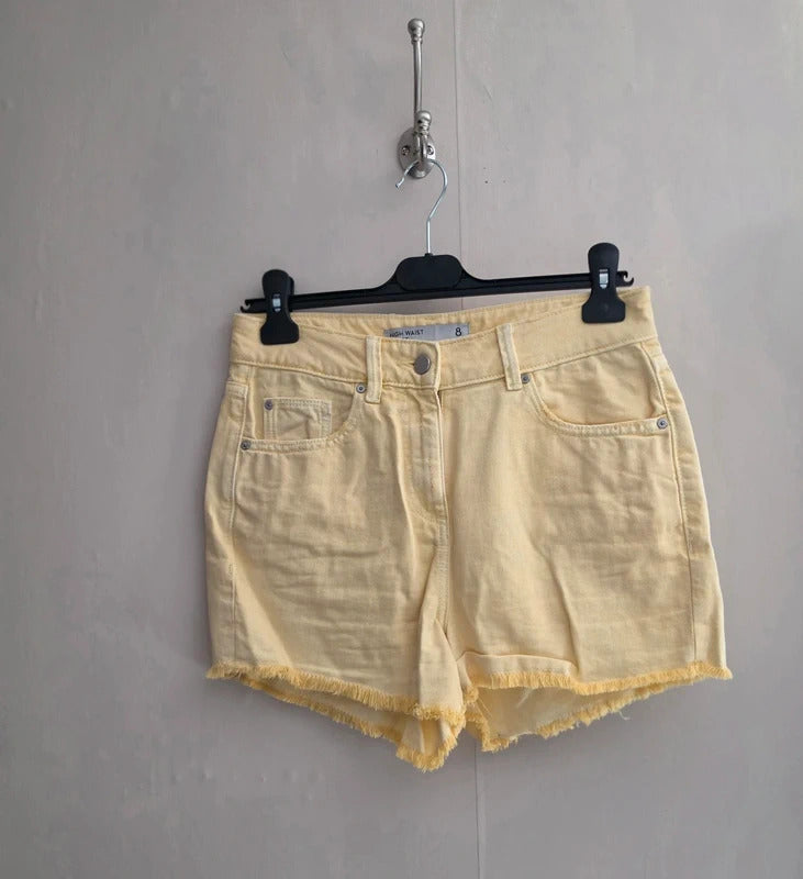 Next Bright Yellow High Waisted Frayed Distressed Denim Mini Shorts Size 8