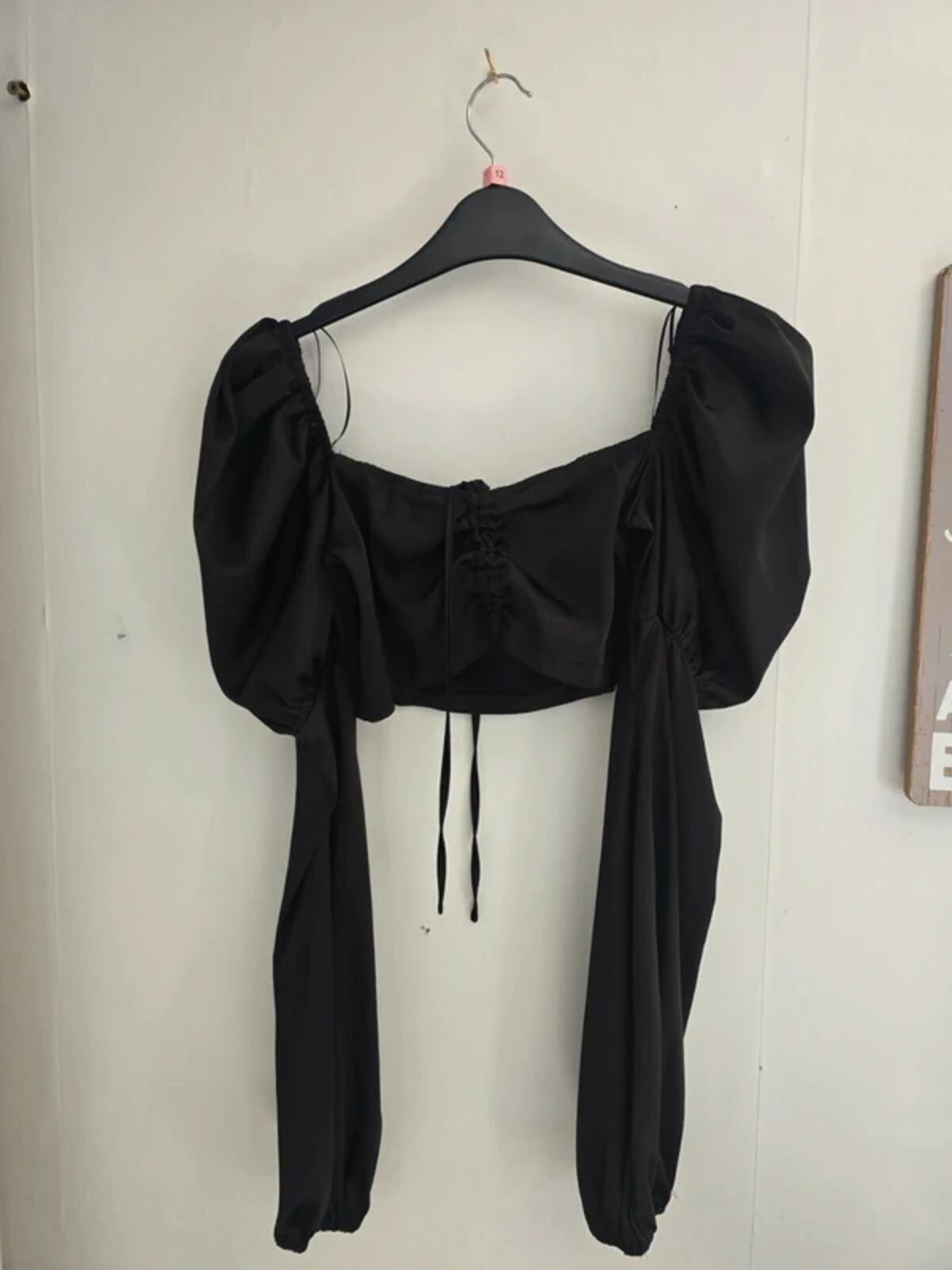 Boohoo Black Satin Style Cropped Puff Sleeve Top - Size 8