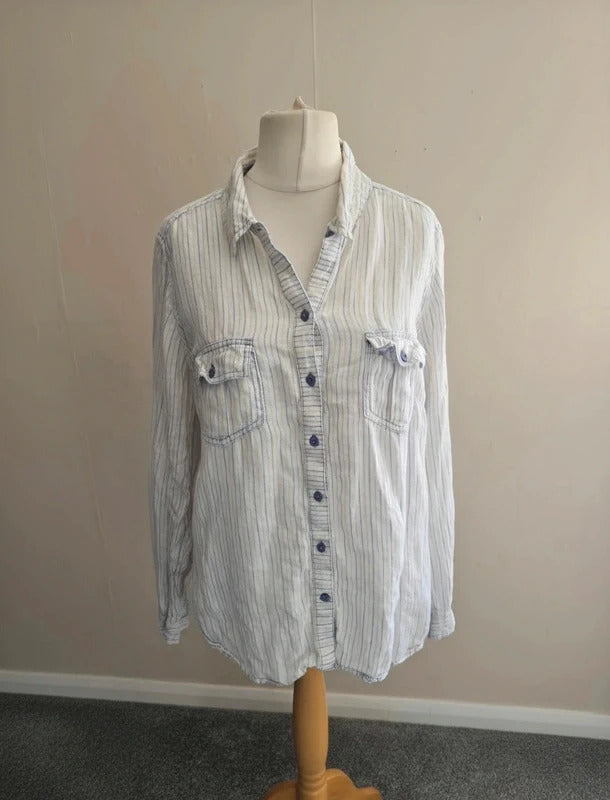Marks & Spencer White, Purple & Beige Striped Flax Linen Long-Sleeved Shirt  20