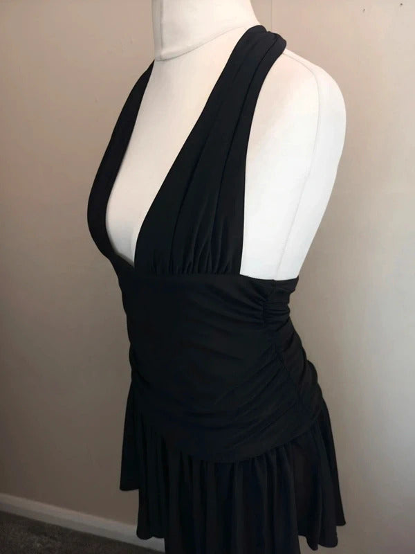 Bershka Black Y2K Ruched Halterneck Bodycon Mini Dress L Size 12