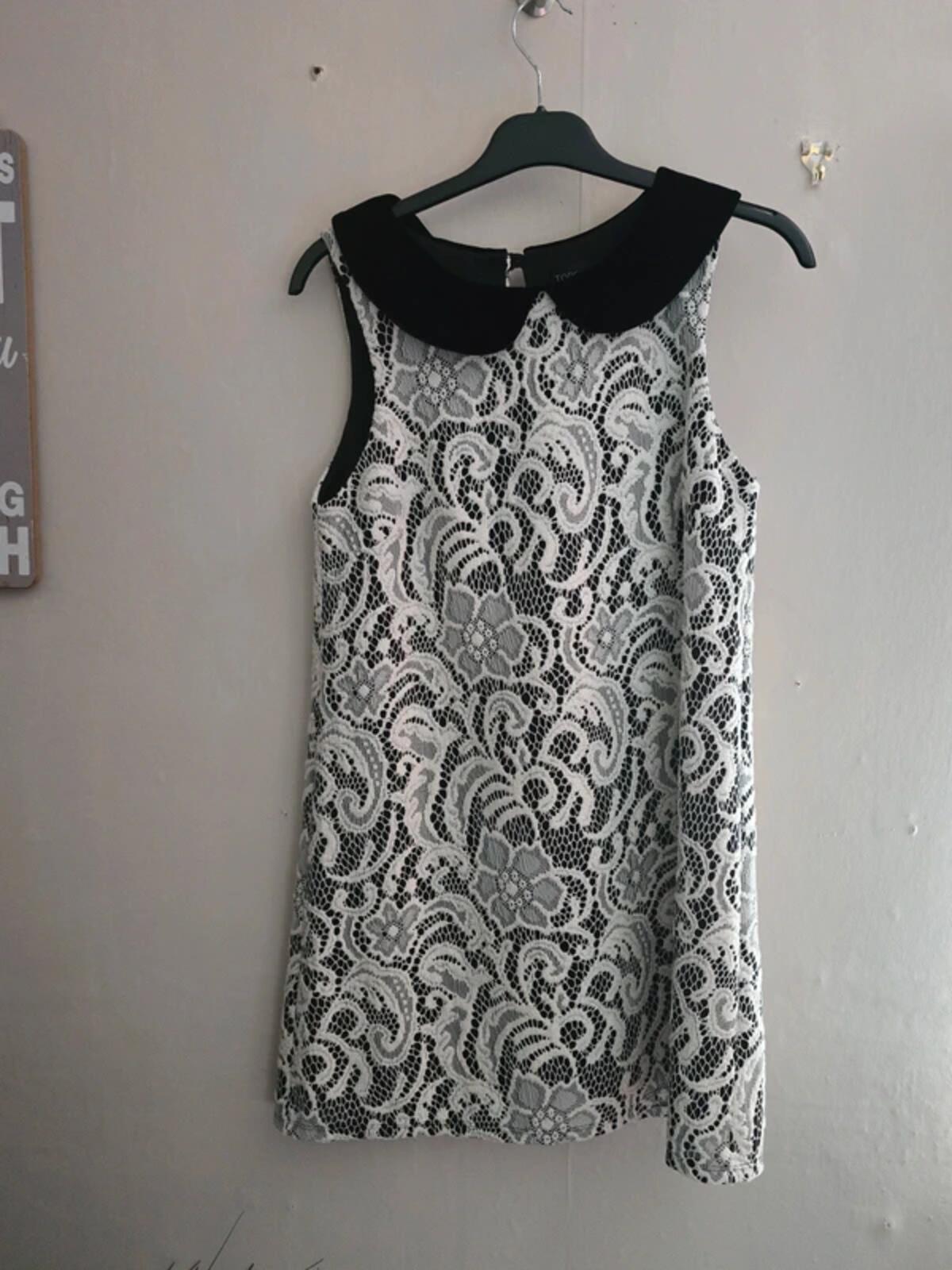 Topshop Black & White Lace Sleeveless A-Line Mini Dress Velvet Collar UK Size 10