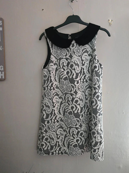 Topshop Black & White Lace Sleeveless A-Line Mini Dress Velvet Collar UK Size 10