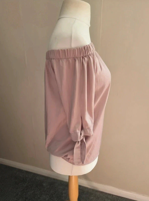 H&M Beige Silky Off-The-Shoulder Bardot Top Size 8 (EUR 36)