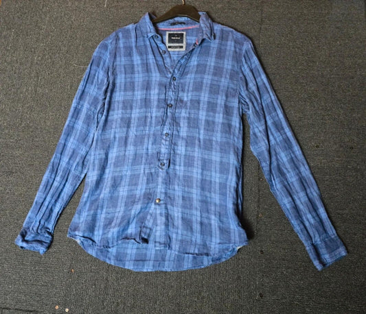 White Stuff Men's blue checked long sleeved shirt slim fit linen size Small