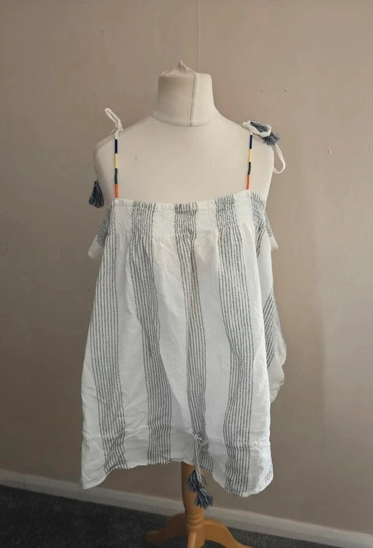 JD Williams White & Black Striped Tie Sleeve Drawstring Cami Top Size 28