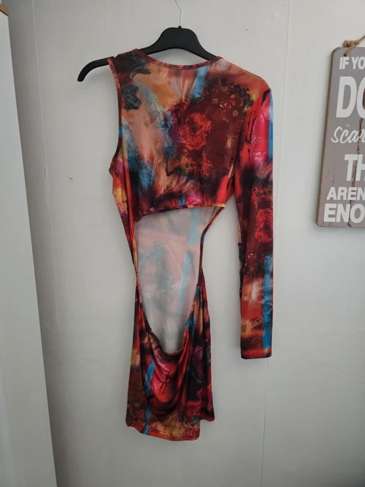 Ego Multicoloured Patterned Asymmetrical Cut-Out Bodycon Mini Dress Size 12 NWT