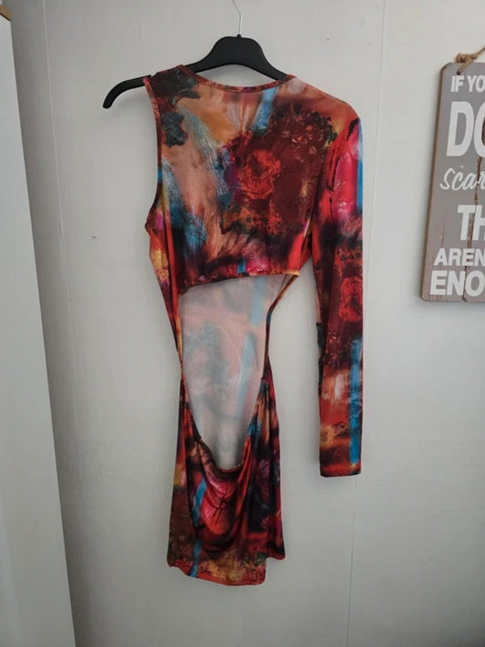 Ego Multicoloured Patterned Asymmetrical Cut-Out Bodycon Mini Dress Size 12 NWT
