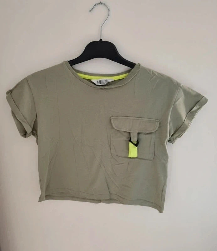 H&M Girls Khaki Green Cropped Short-Sleeved T-Shirt Size Age 10-12 Years