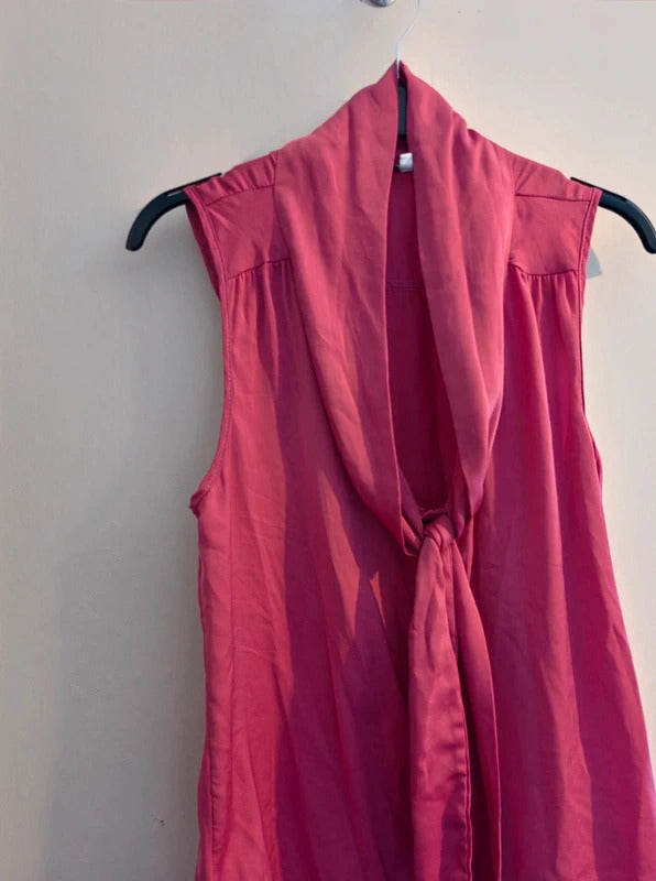 New Look Y2K Vintage Bright Pink Sleeveless Neck Tie Blouse Shirt Size 14