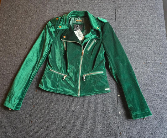 Rino & Pelle Green Velvet Biker Jacket Size 8 Zip Up Lined New
