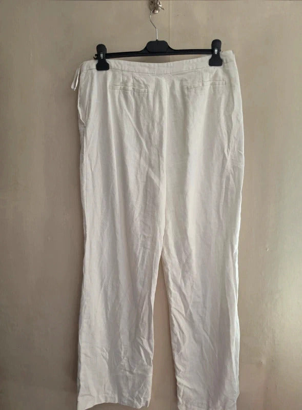 F&F White High-Waisted Linen Blend Flared Wide Leg Trousers Size 14