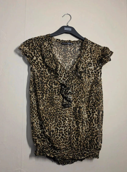 Primark Beige & Black Leopard Print Sheer Ruffle Blouse – Size 12 