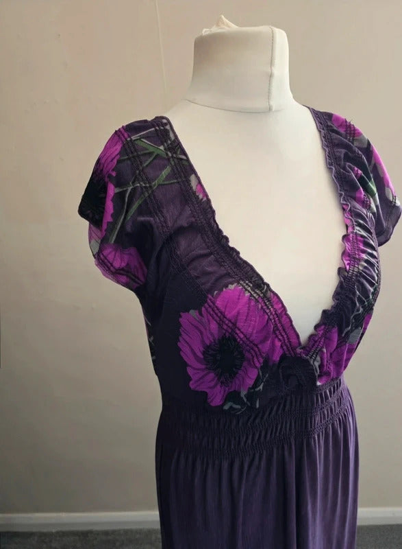 Apricot Purple Floral V-Neck Elasticated Waist Maxi Dress  S Size 10-12