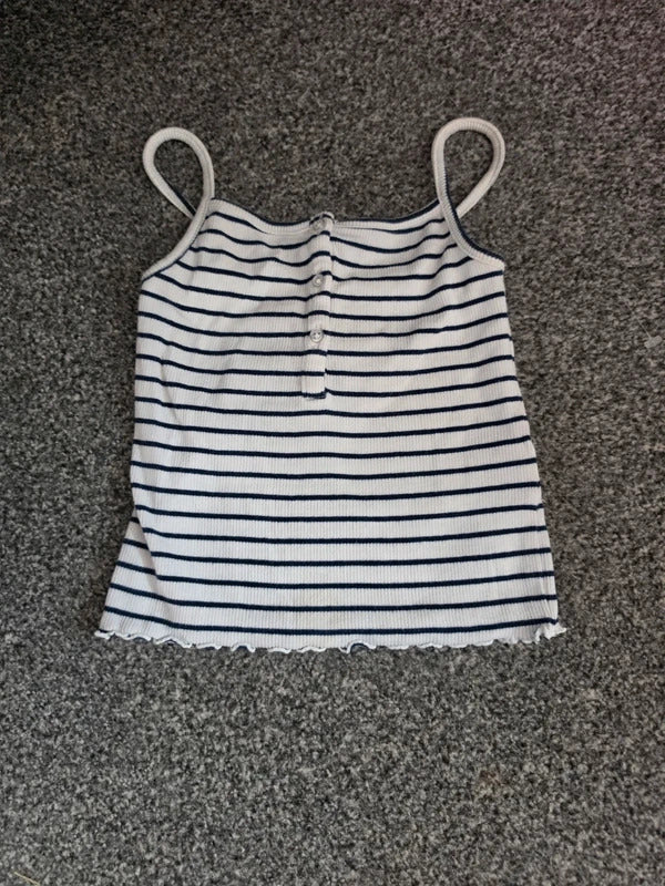 Girls Navy & White Striped Ribbed Strappy Vest Top Lettuce Hem Age 3 Years
