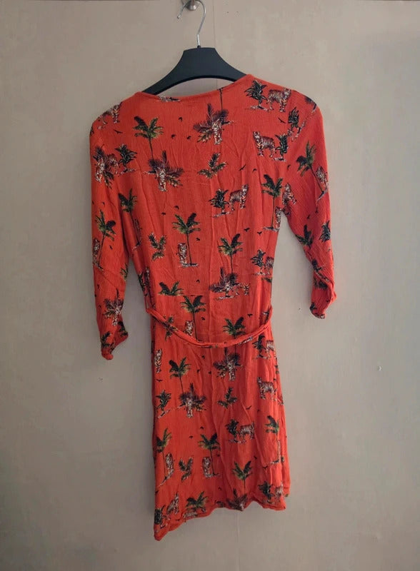 F&F Orange Tiger Print 3/4 Sleeve Button Front Belted Mini Dress Size 6