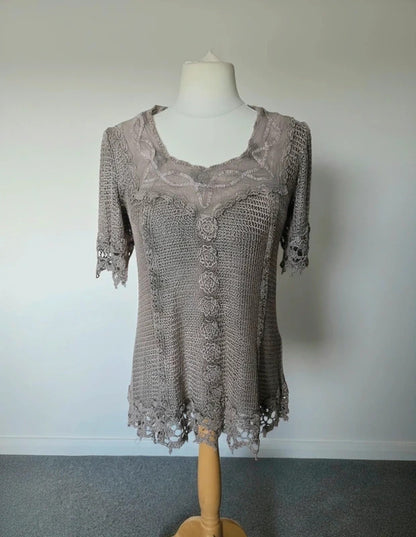 Ann Balon Vintage Light Brown Crochet Lace Top – 16.5" PTP