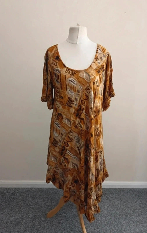 Orange & Beige Abstract Patterned Asymmetrical Midi Dress One Size