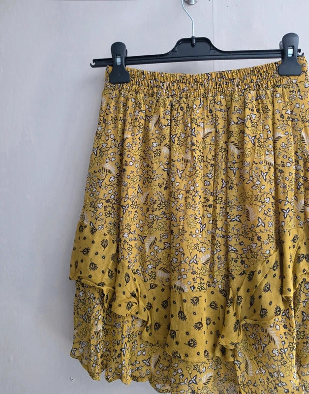 M&S Yellow & Black Floral Layered Mini Skirt Size 10 Lined Frill Hem Boho