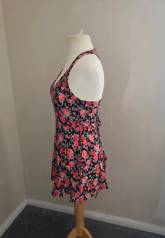 Topshop Black & Pink Floral Mini Dress / Tunic Top Tie Back Size 10 Better Fit Size 8