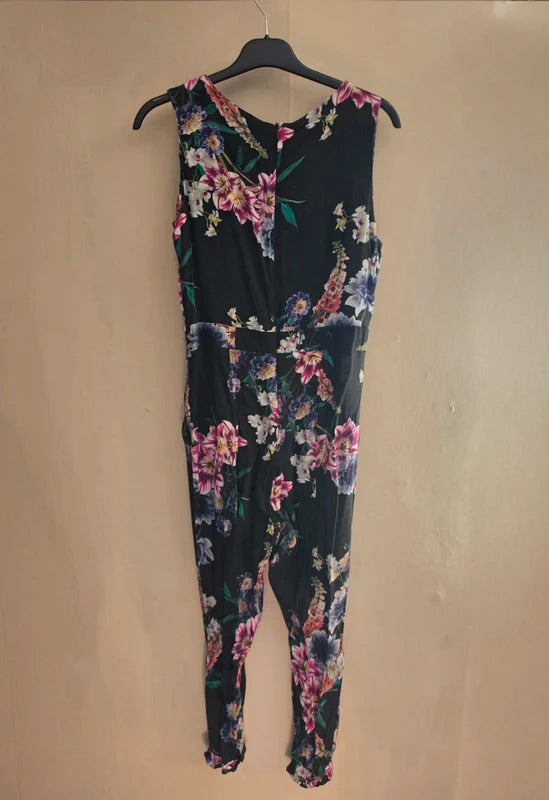Wallis Black Multicoloured Floral Cut-Out Sleeveless Jumpsuit Size 10