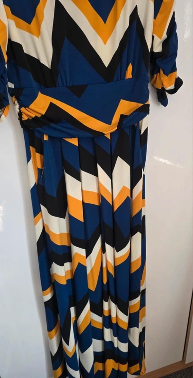 Jolie Moi blue black cream & orange patterned midi long dress 3/4 sleeves 10 NWT