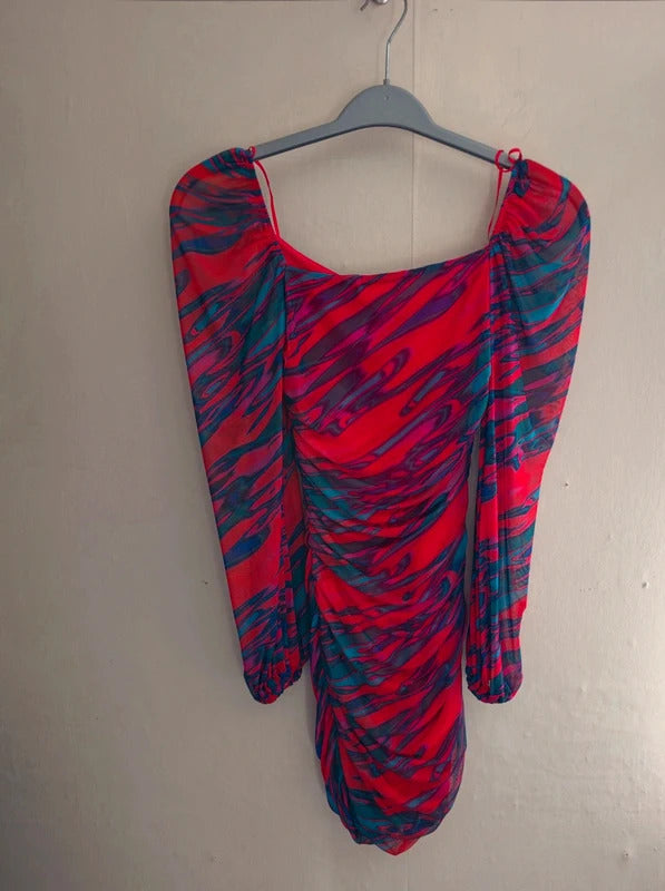 Quiz Red Multicoloured Abstract Print Ruched Mini Dress Size 6 Party Dress
