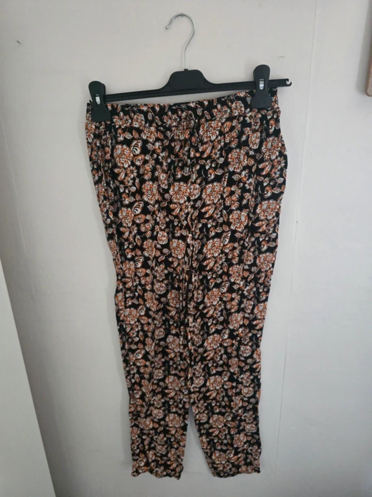 Matalan Black and Orange Patterned Viscose Trousers Size 8