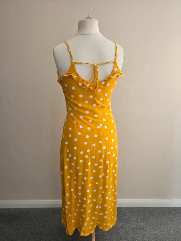 Warehouse Mustard Yellow & White Polka Dot Tie-Back Midi Dress Size 10