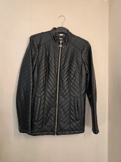 Dennis Basso Black Quilted Faux Leather Jacket Zip Up XS Size 8-10